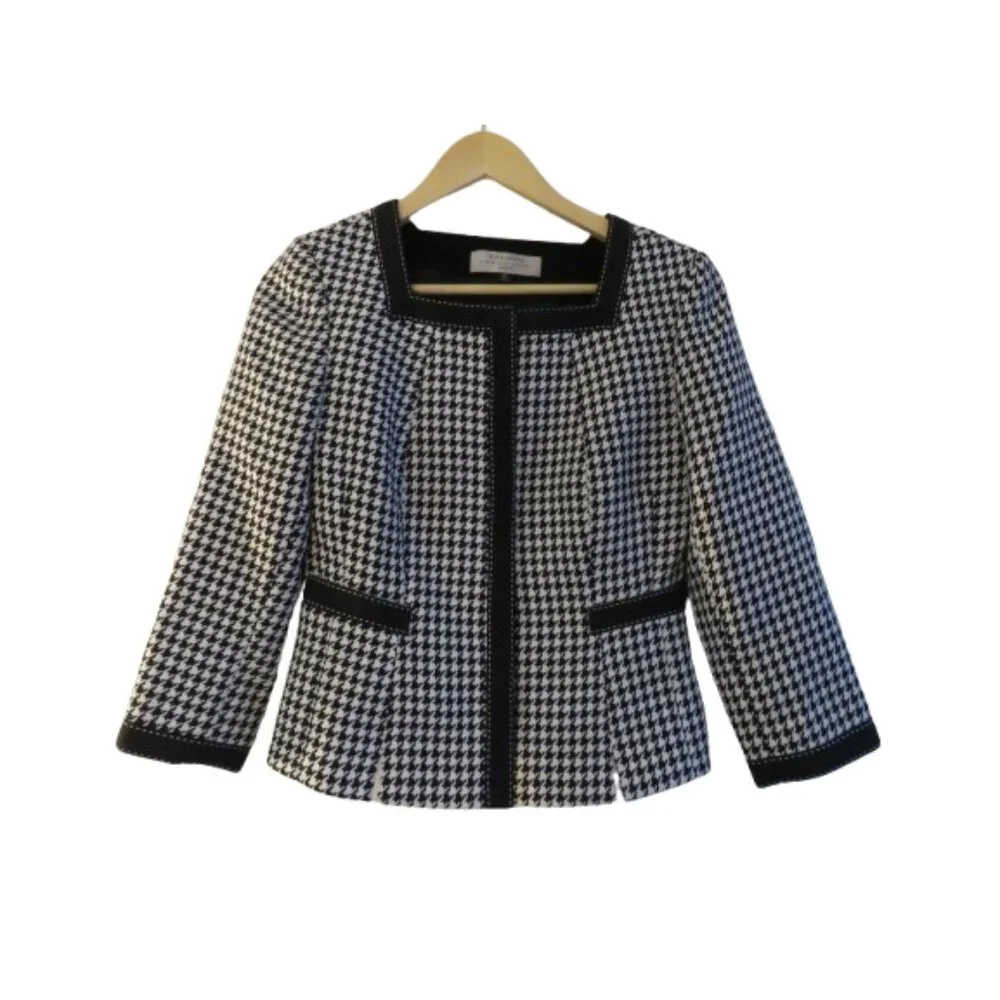 TAHARI Houndstooth Structured Blazer Academia Black White Officecore 2 Petite - Picture 1 of 14